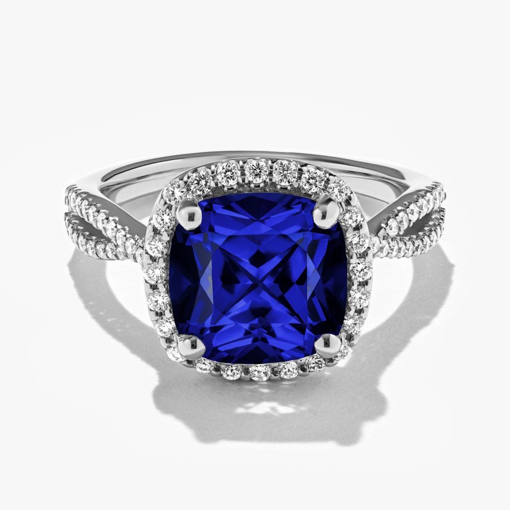 lab grown diamond halo engagement ring featuring a cushion cut blue sapphire lab grown gemstone by MiaDonna