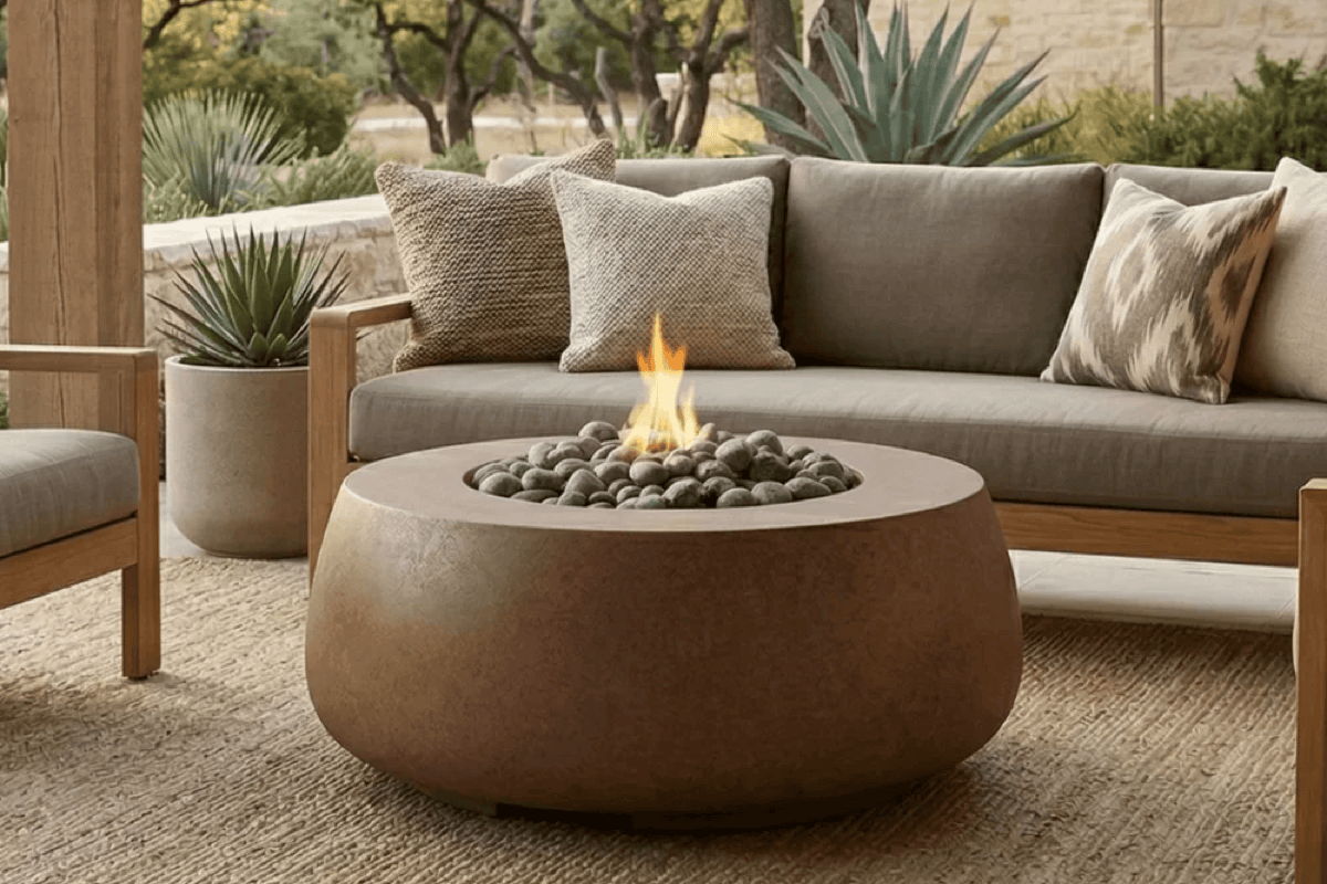 Round outdoor fire table with stone fire media, teak lounge seating, and neutral cushions for a small patio.
