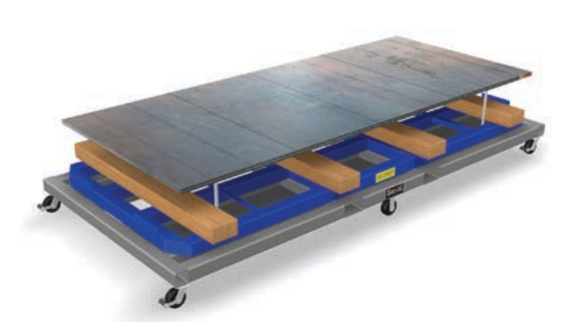 A flat surface on a mobile cart with wooden supports underneath.