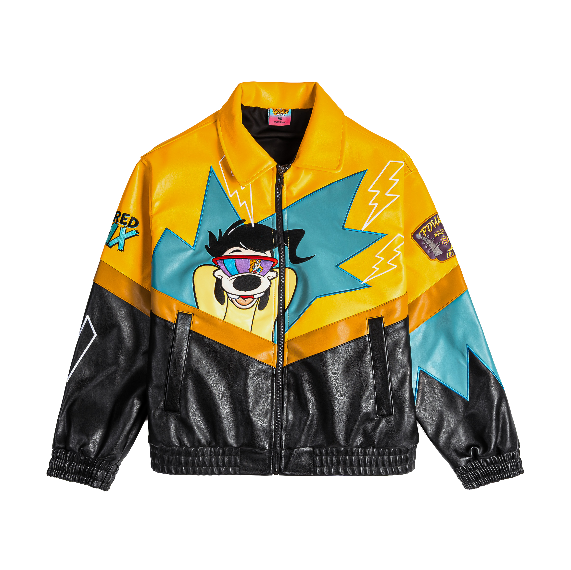 Colorful jacket featuring a cartoon dog with sunglasses and vibrant design elements.