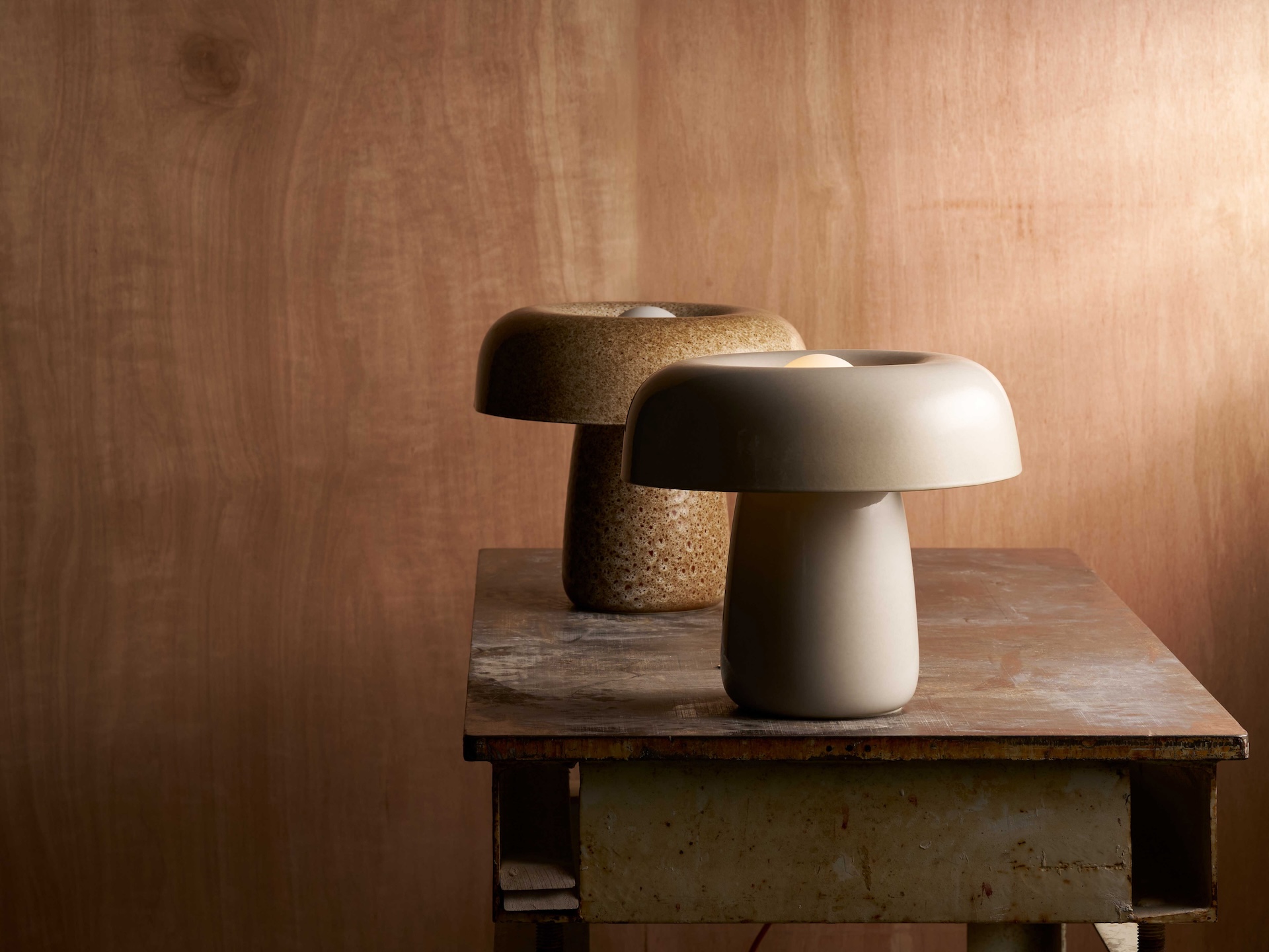 Two decorative ceramic lamps on a wooden table against a wooden background.