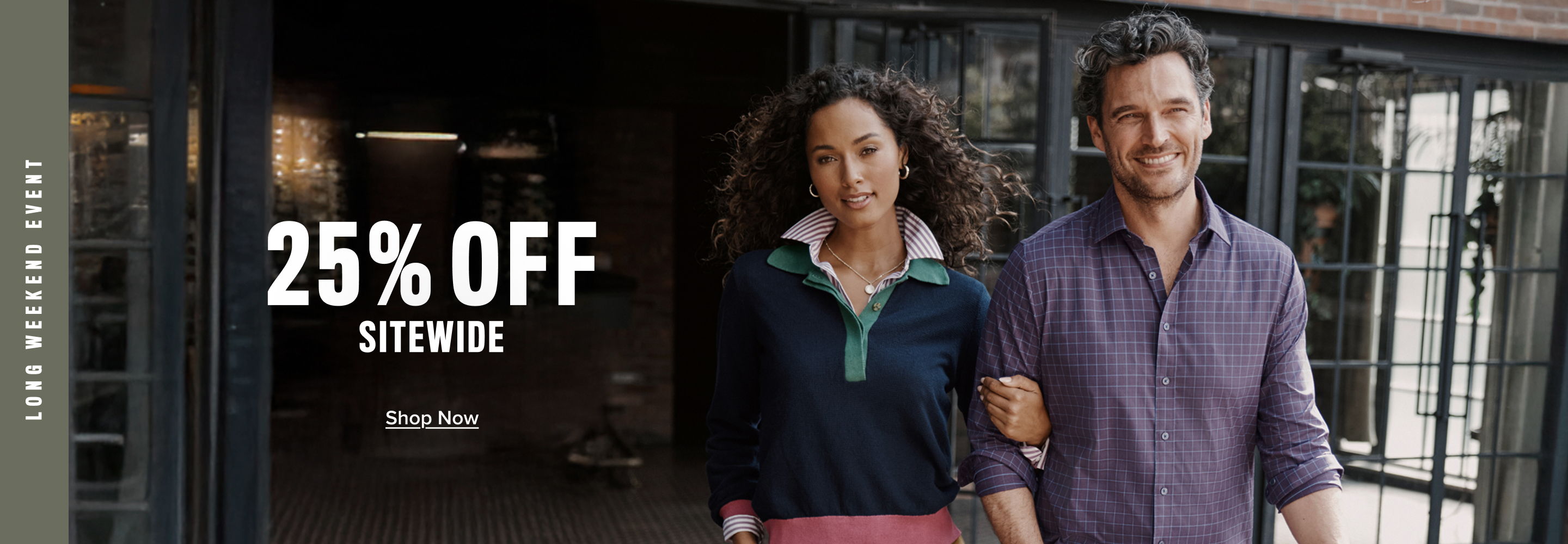 Couple walking together, promoting 25% off styles.