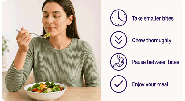 Woman enjoying a meal with tips for mindful eating.