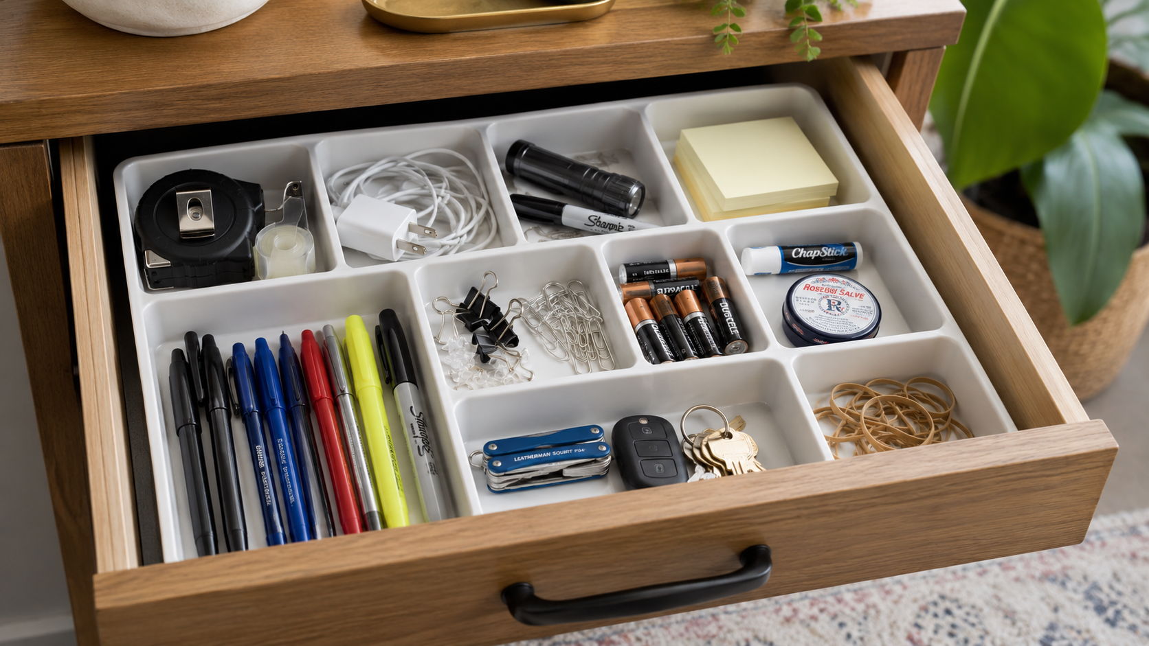 Organized desk drawer containing various office supplies and small items.