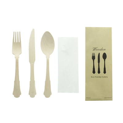 An elegant wooden cutlery set including a fork, knife, spoon, and napkin