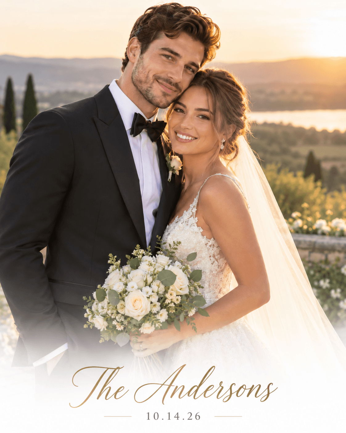 Couple in wedding attire with bouquet, sunset in background, 