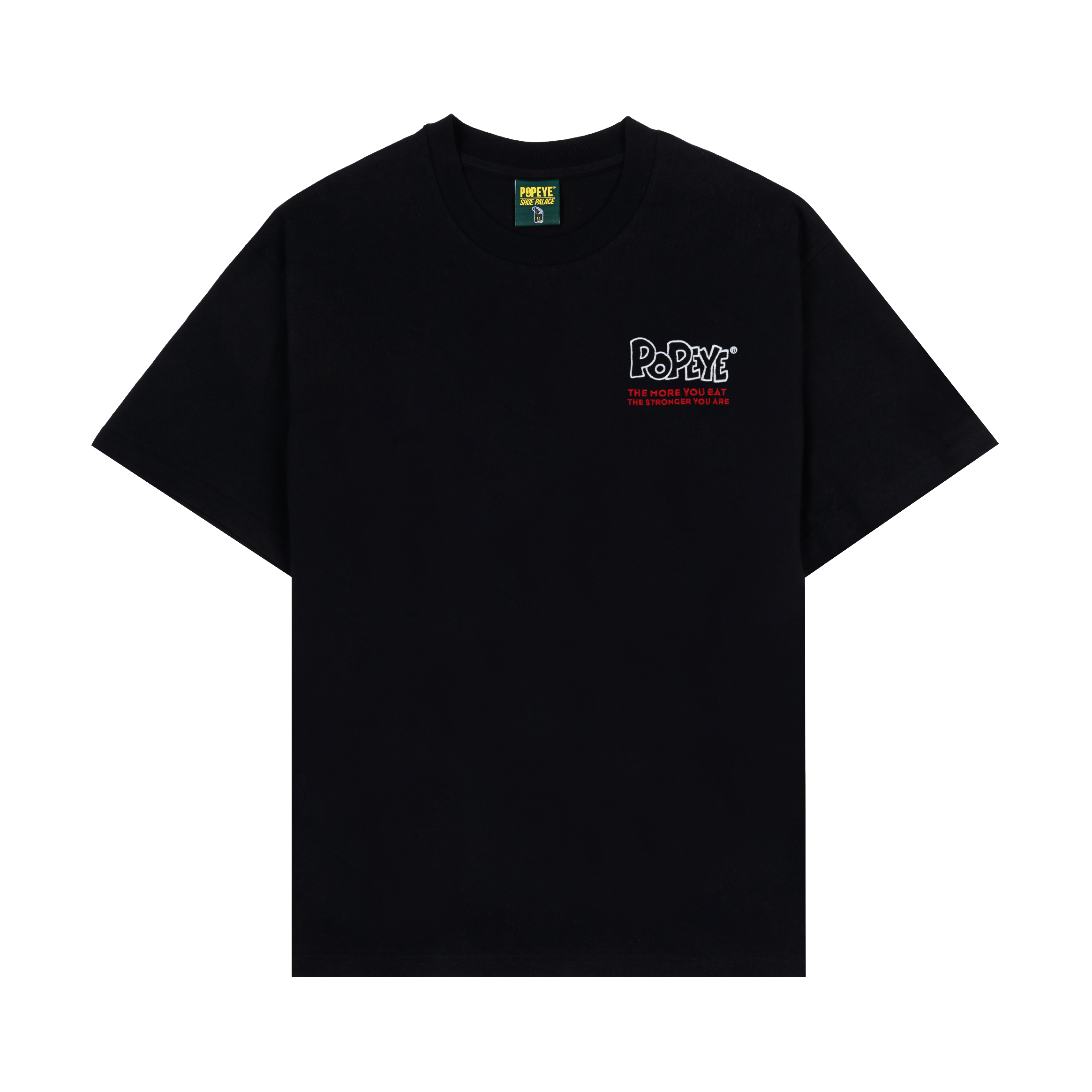 Black t-shirt with graphic logo on the front.