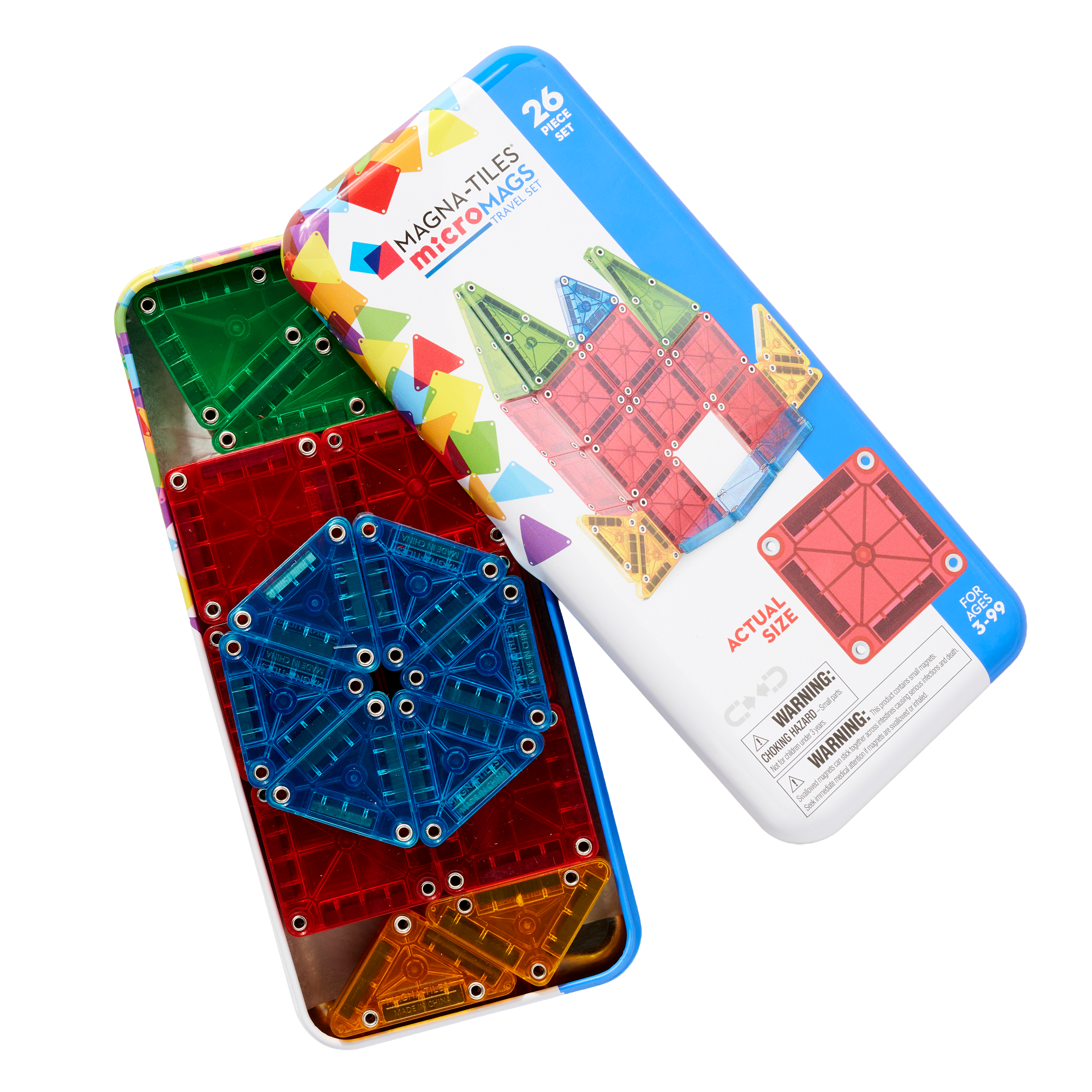 Colorful building tiles in a magnetic packaging box.