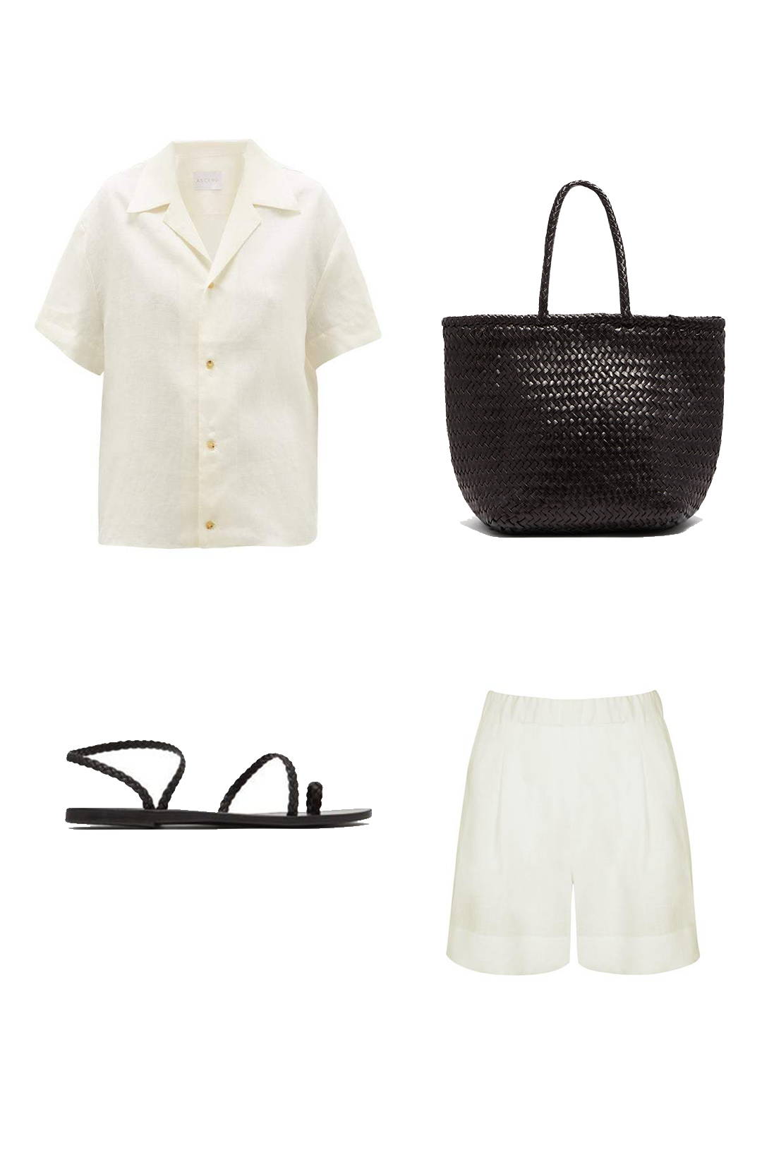 Cream short sleeve linen shirt and cream linen shorts