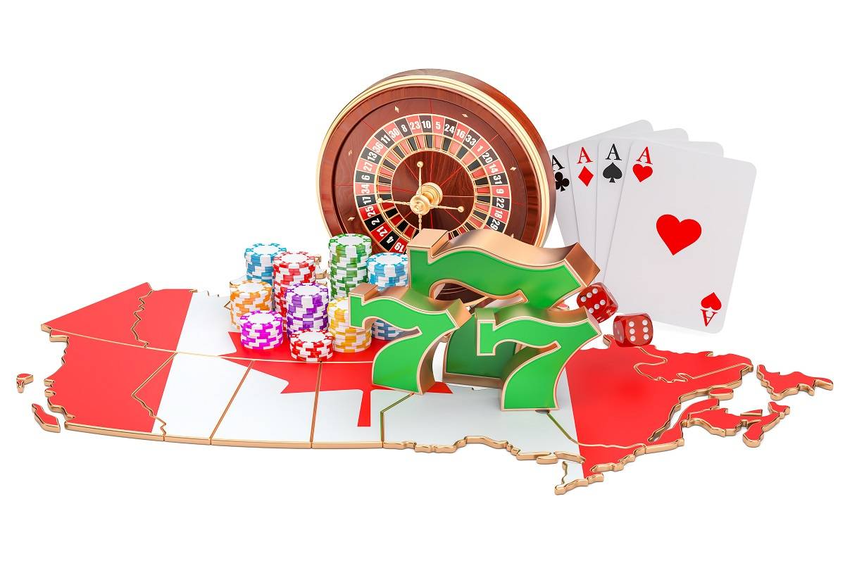 Poker chips, Four of a kind Aces, and a roulette poker spinner on top of a puzzle representing Canada 