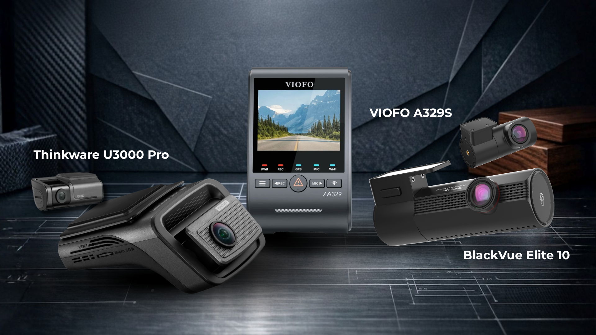 Three car cameras displayed with their names and a scenic background.