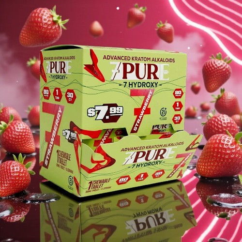 Box of PUR 7-Hydroxy with strawberries in a colorful background.