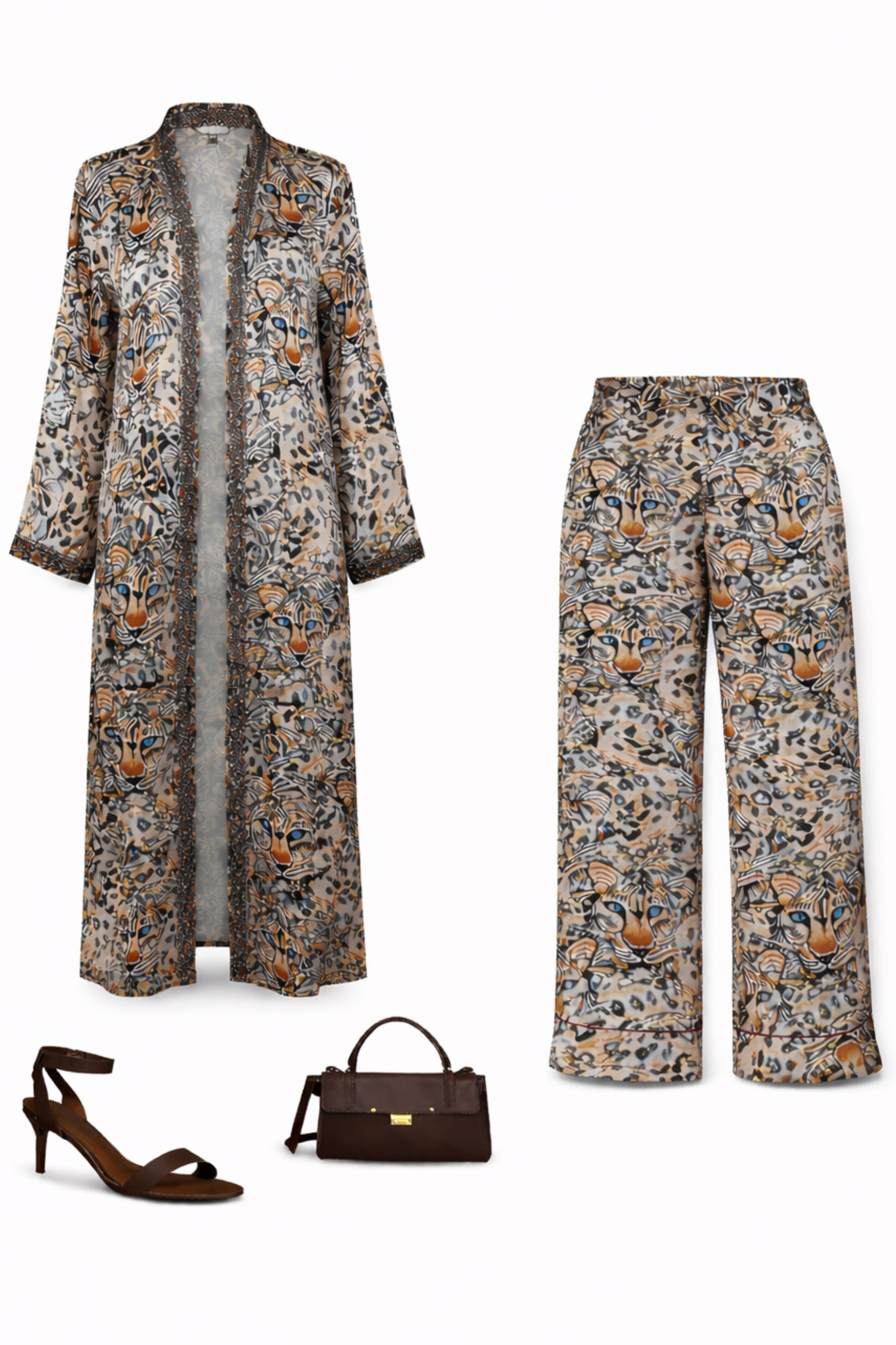 Floral patterned outfit with a long coat, pants, heels, and handbag.