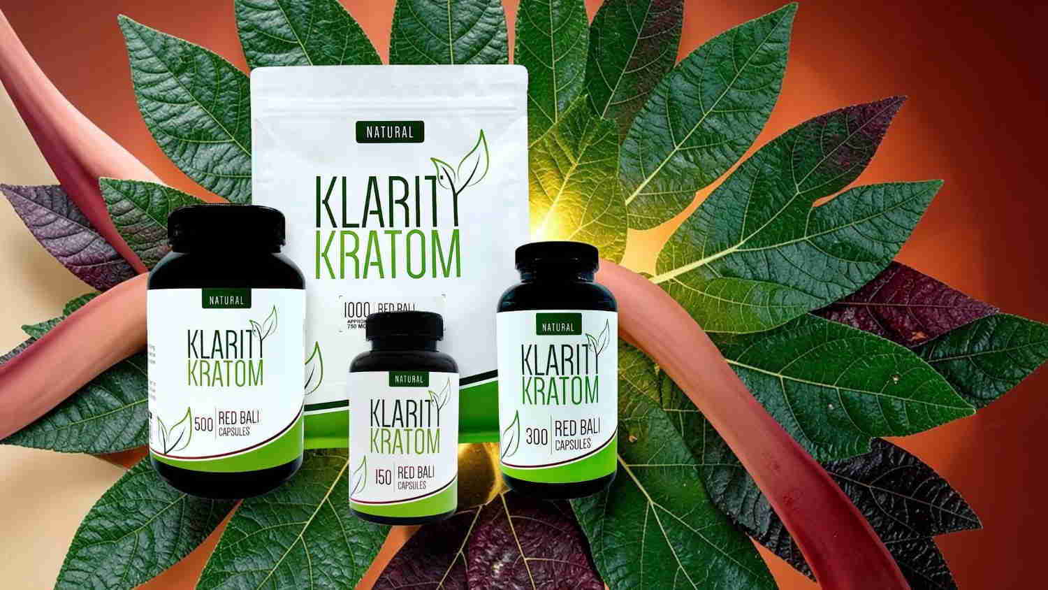 Klarity Kratom products displayed on a leaf background.