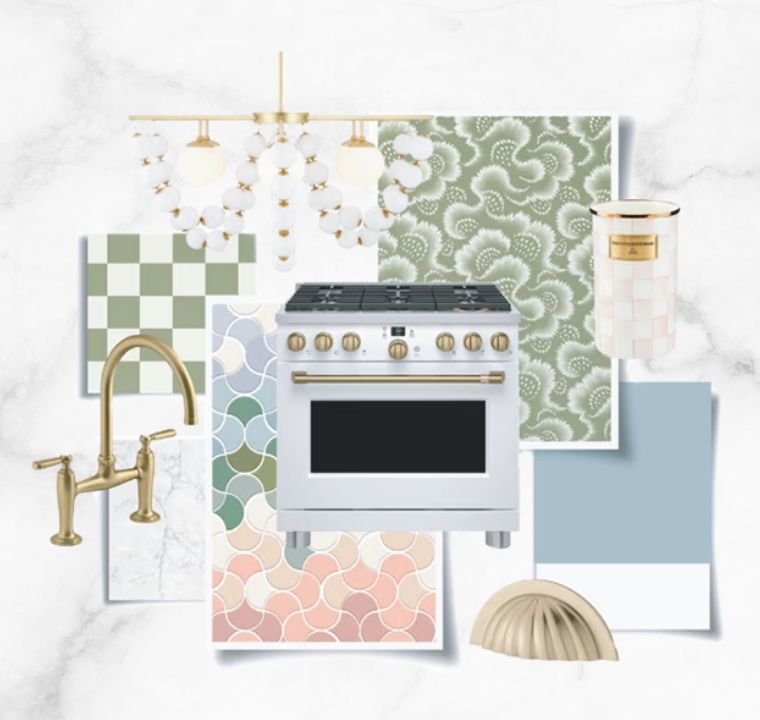 Moodboard for the Summer Romance Kitchen featuring stove, faucet, and various color swatches.
