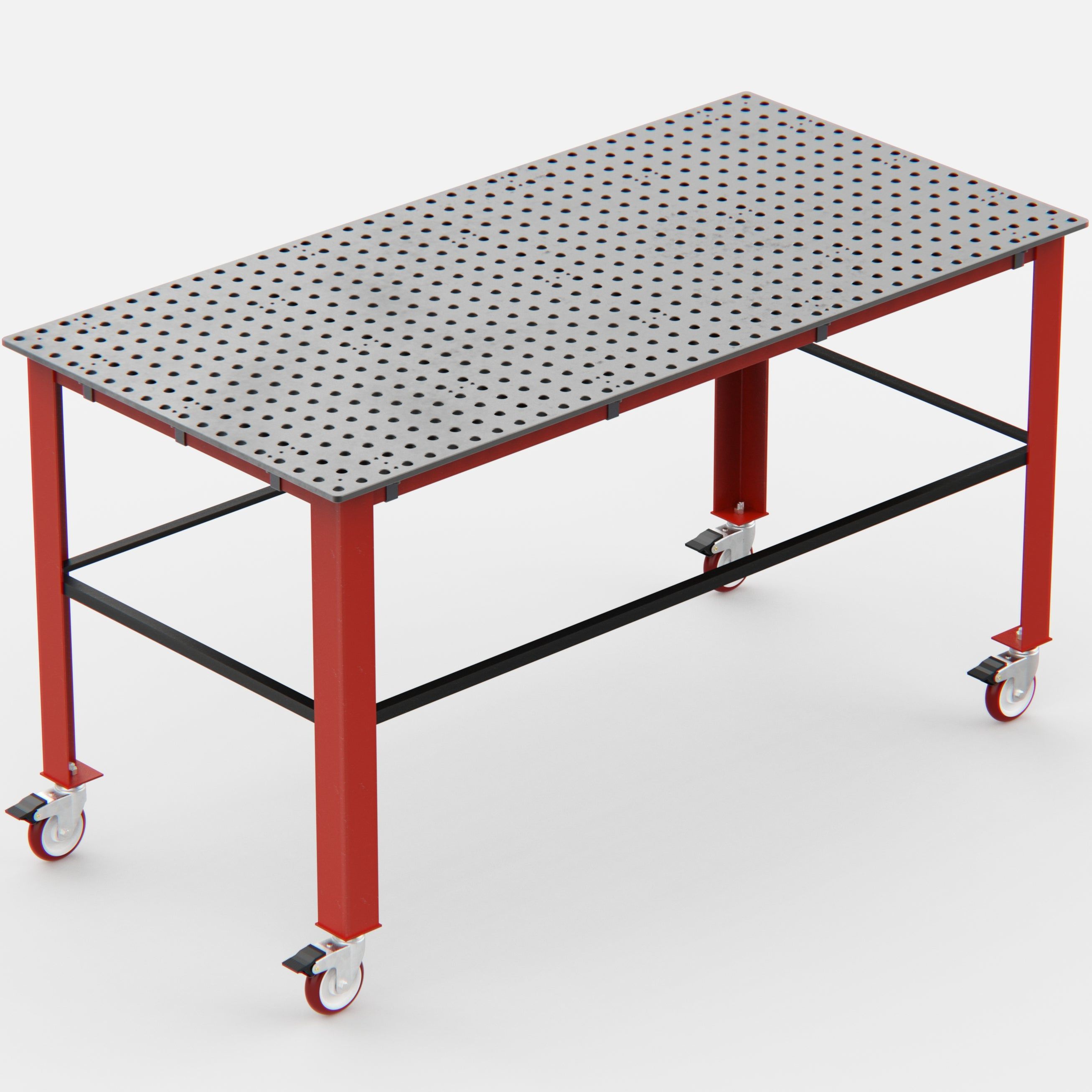 Red and black workbench with a perforated surface and wheels.