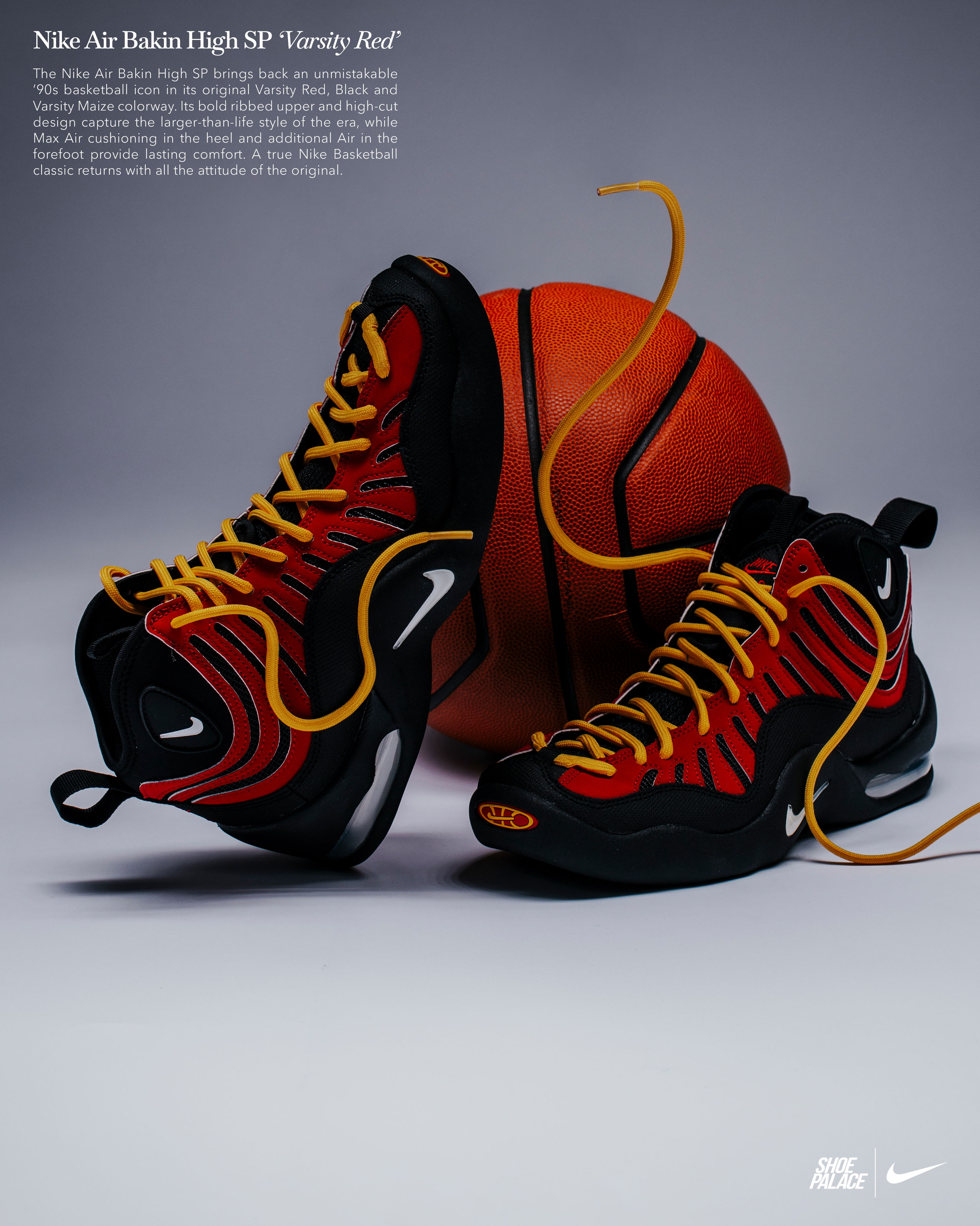 Nike Air Raiden High sneakers next to a basketball.