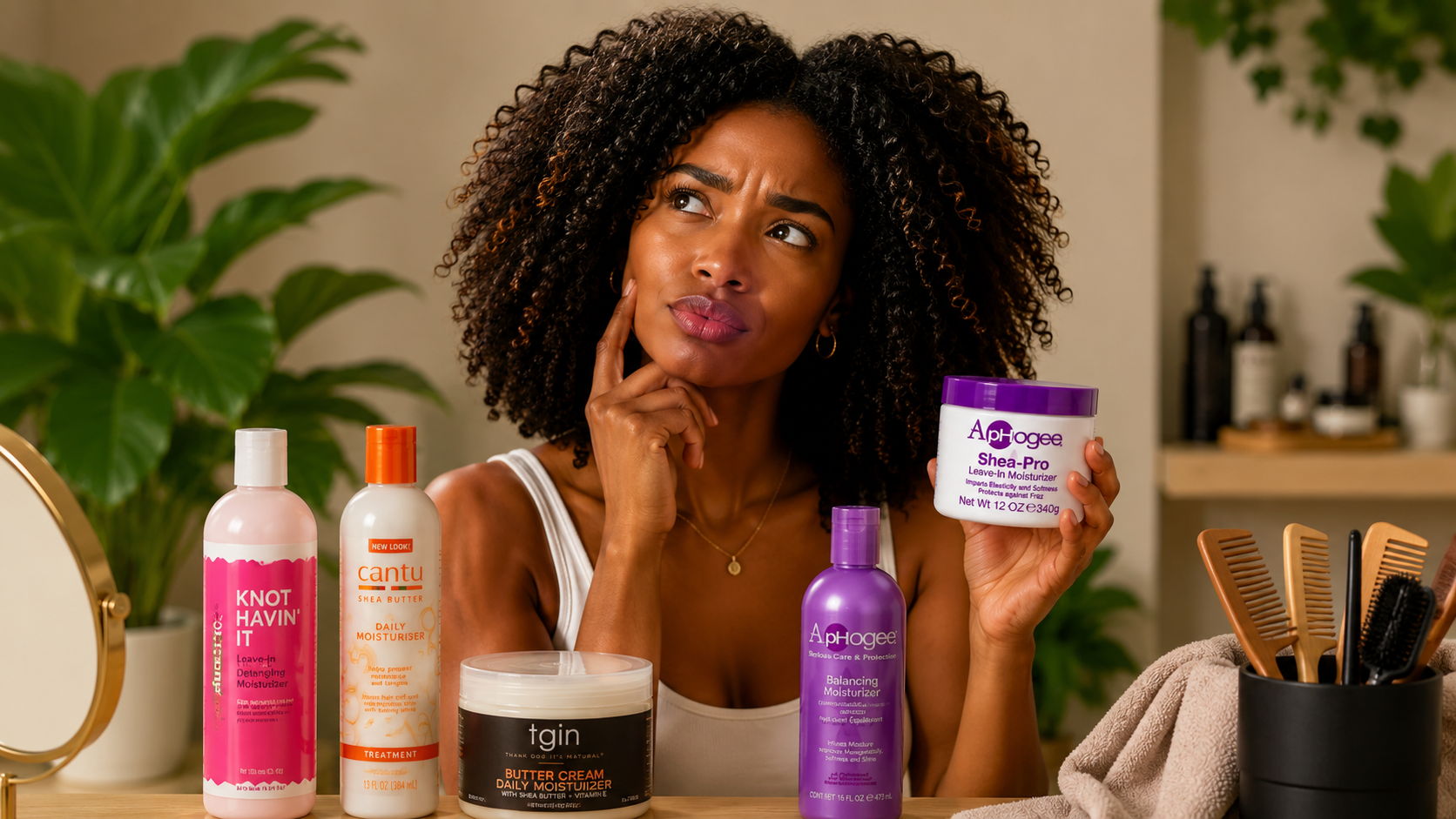 A woman with curly hair examines hair care products on a table.