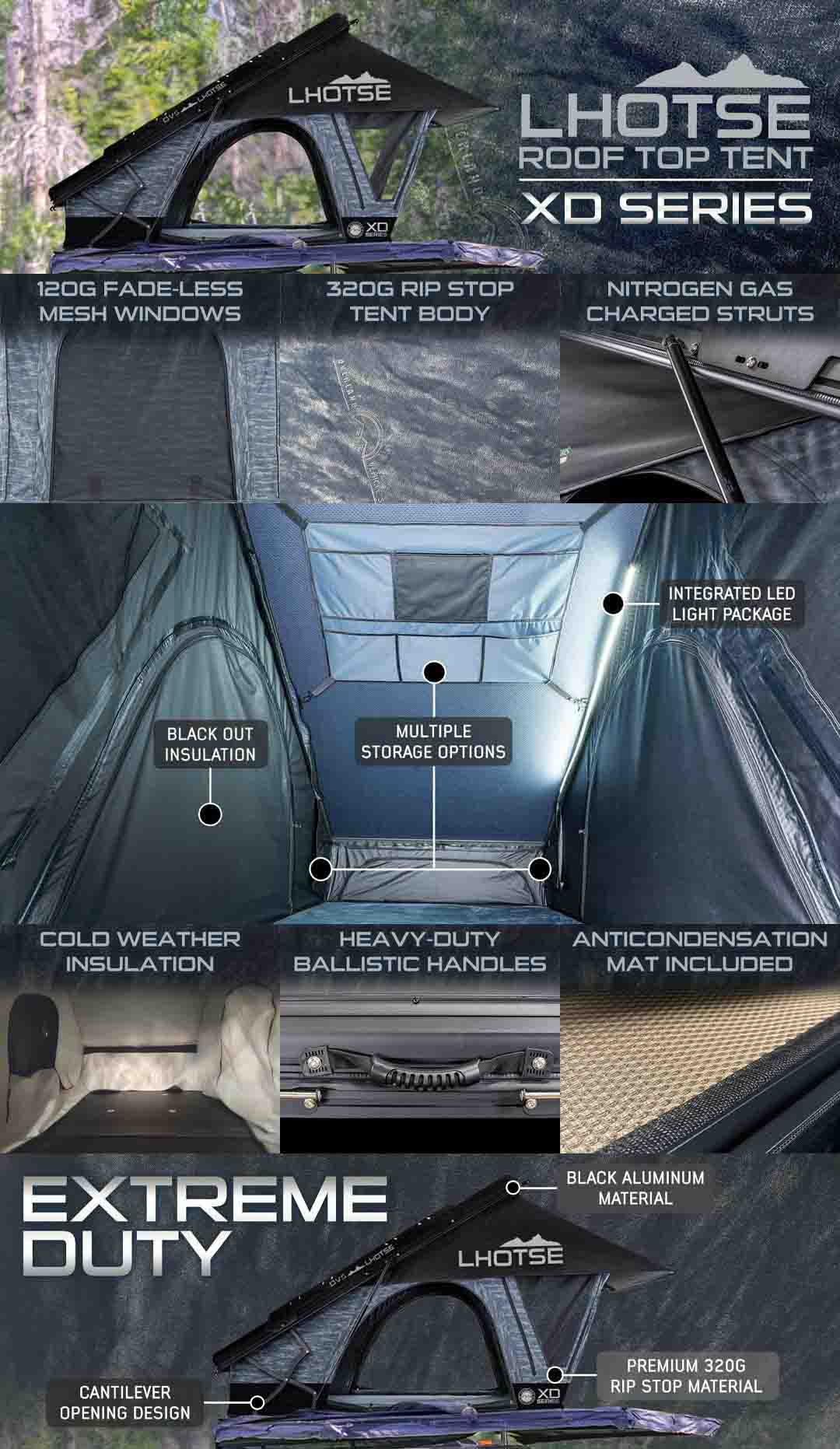 OVS XD Lhotse roof top tent features including fadeless mesh windows ripstop body gas struts blackout insulation LED light and ballistic handles
