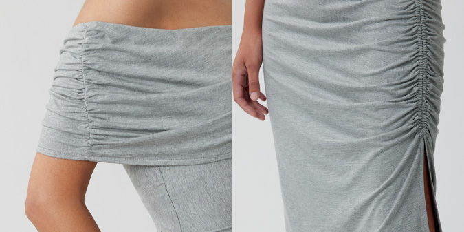 Gray ruched skirt showcasing front and side views.