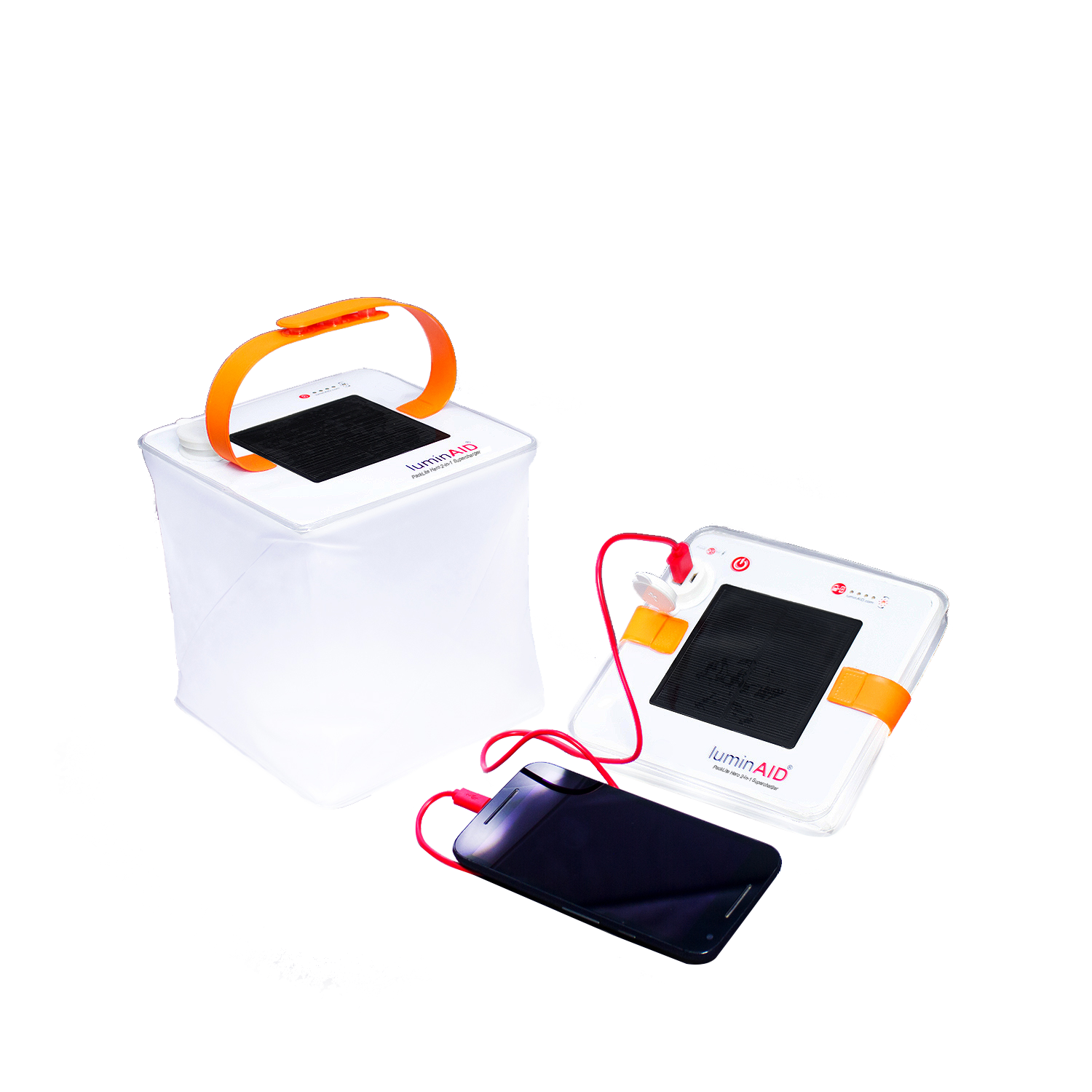 Inflates and packs flat charges phones.