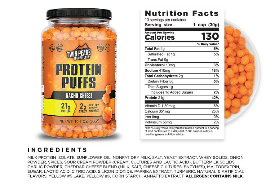Nacho Cheese Protein Puffs Jug and Nutrition Facts