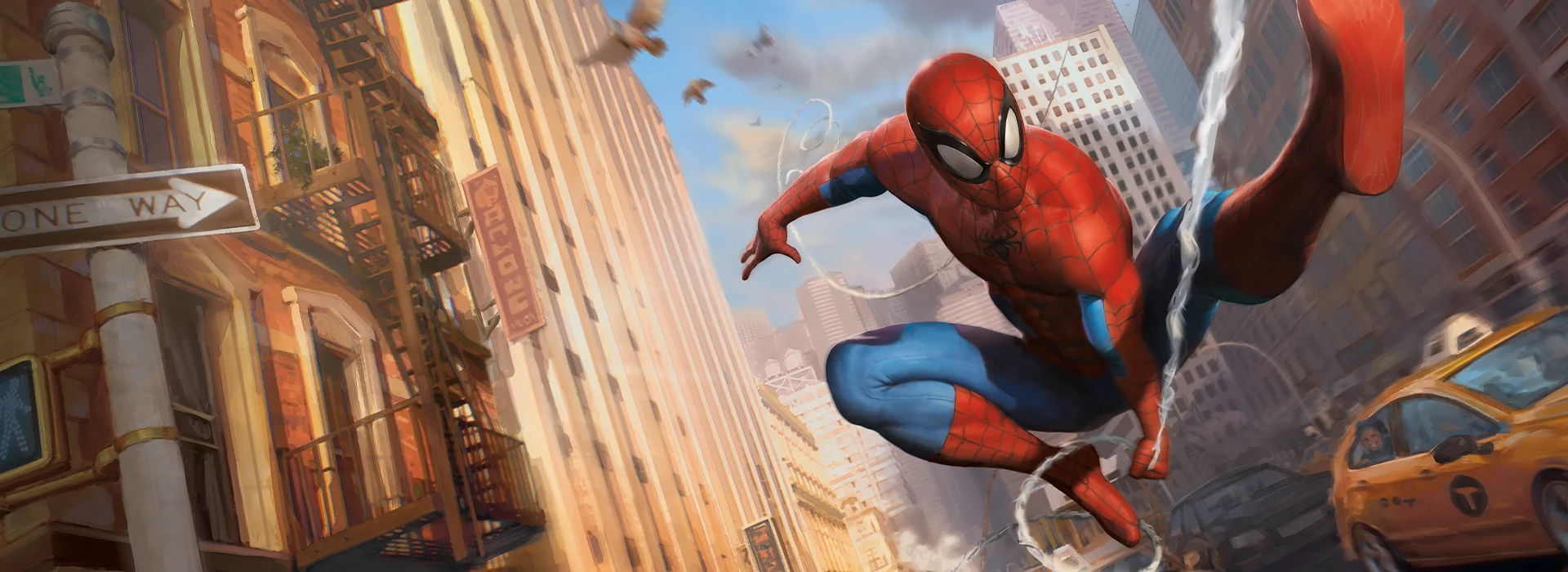 Spider-Man swinging through a cityscape with buildings and vehicles below.