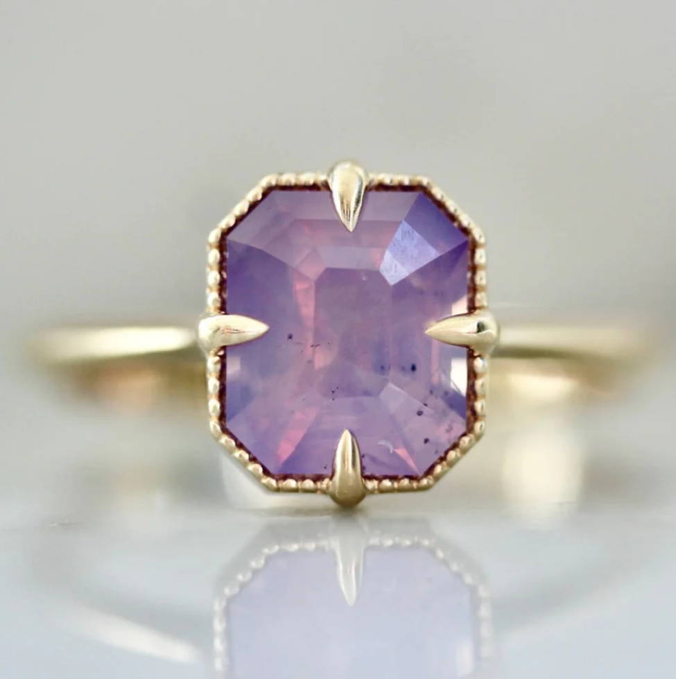 Pink Opalescent Emerald Cut Sapphire Ring