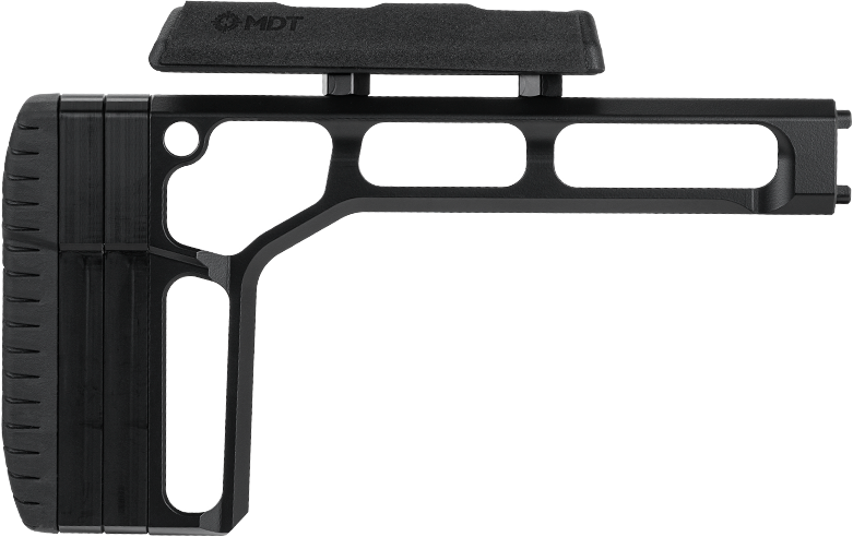 A black firearm stock with a unique design and adjustable features.