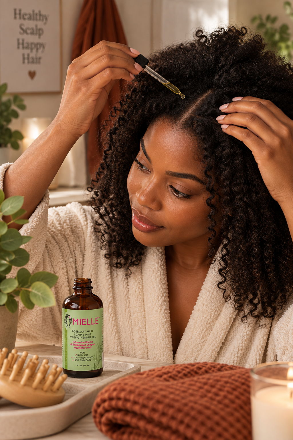 Woman applying hair oil with a dropper, surrounded by candles and plants.