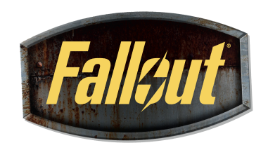 The Fallout logo on a metal sheet. The logo is yellow.