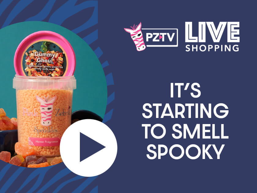 Container of colorful product with text about live shopping and spooky theme.