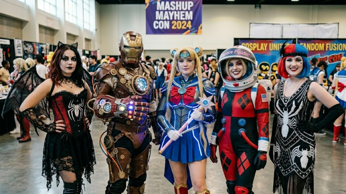 Group of mashup cosplayers showcasing creative crossover cosplay outfits combining multiple fandom characters and aesthetics, with detailed costumes, wigs, makeup, and props at a convention or themed photoshoot
