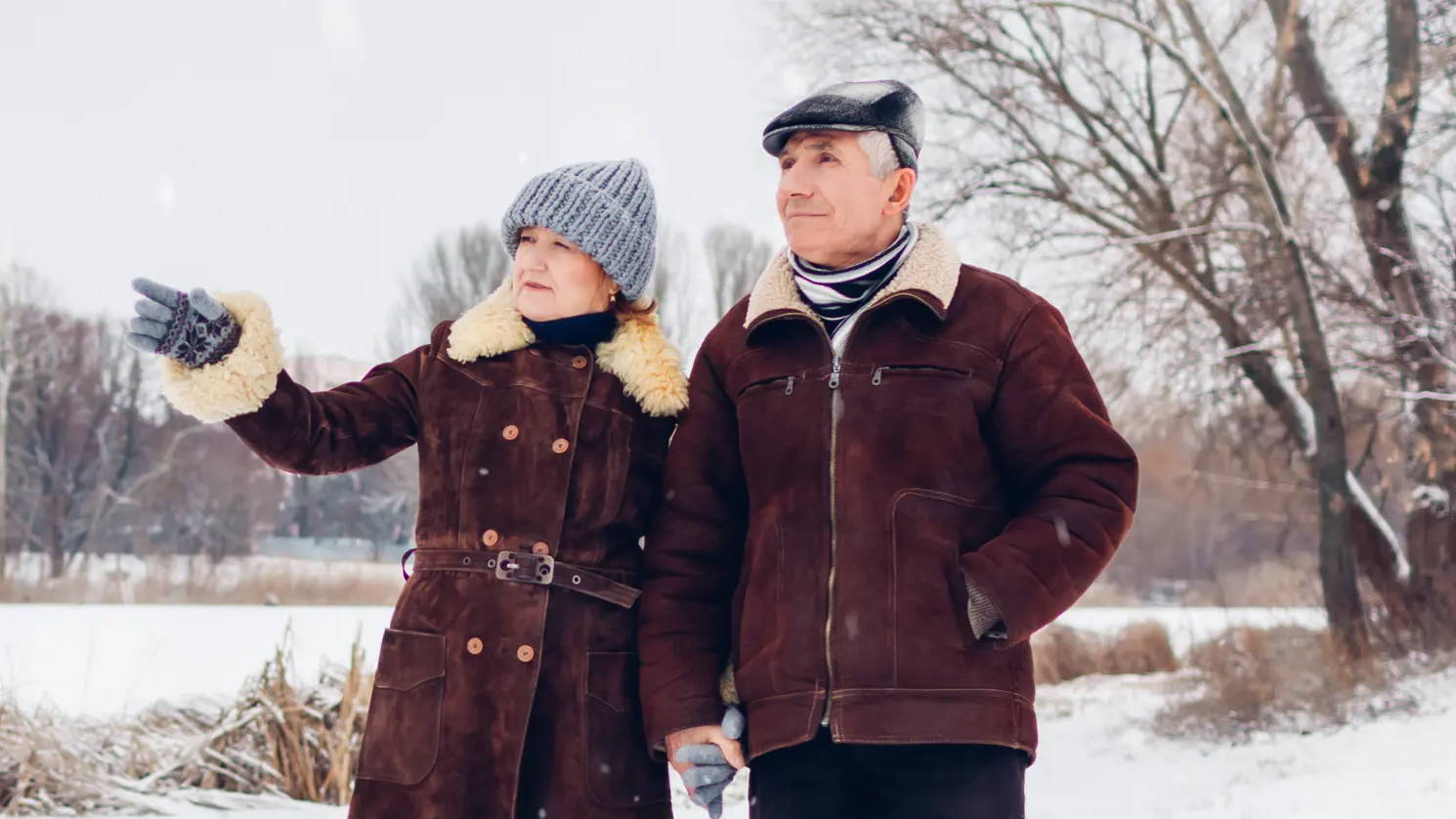 Senior couple on a walk during the wintertime
