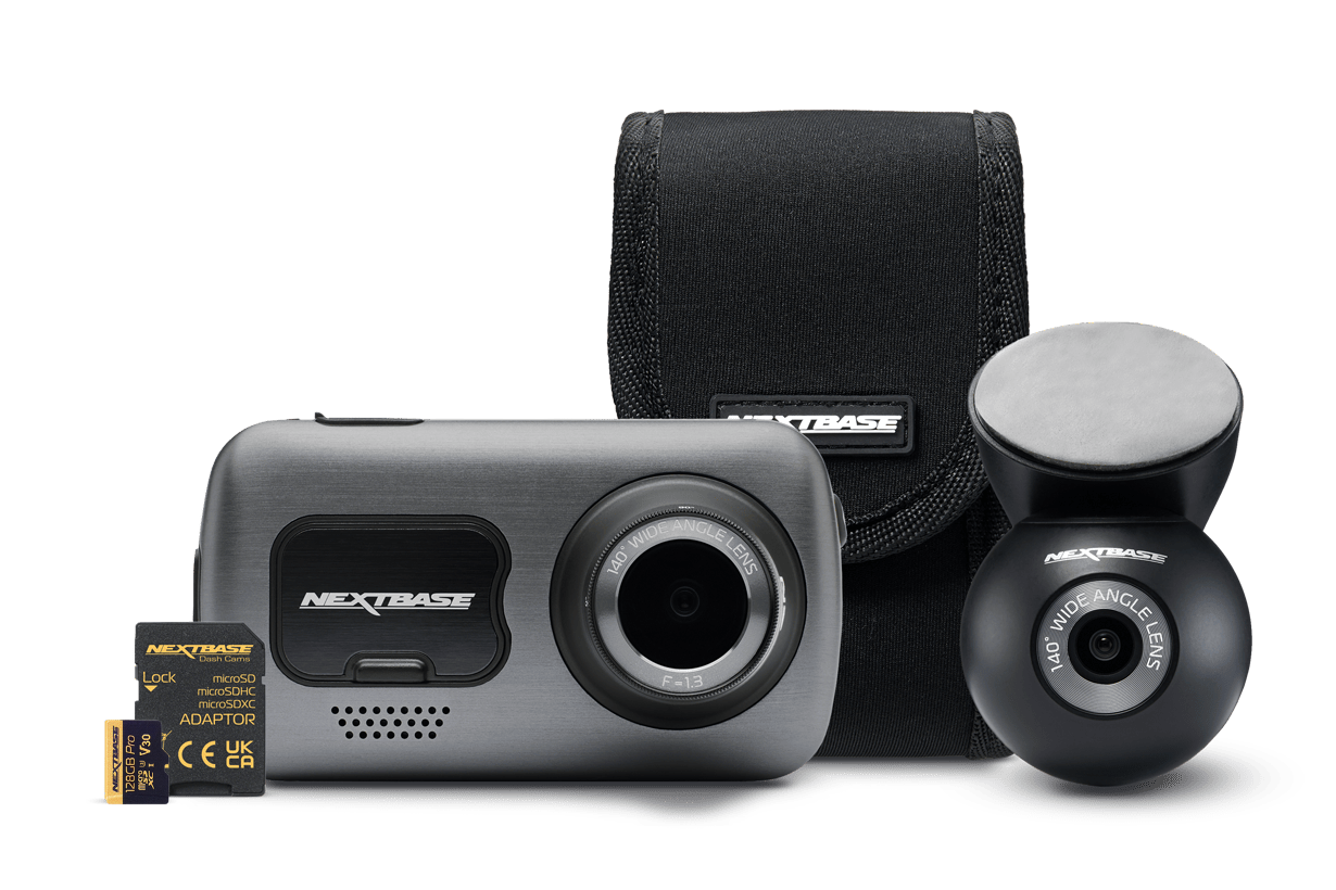 Dashboard camera with mount and carrying case.
