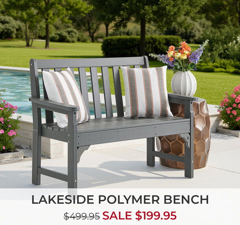 Lakeside polymer bench with pillows, sale price displayed.