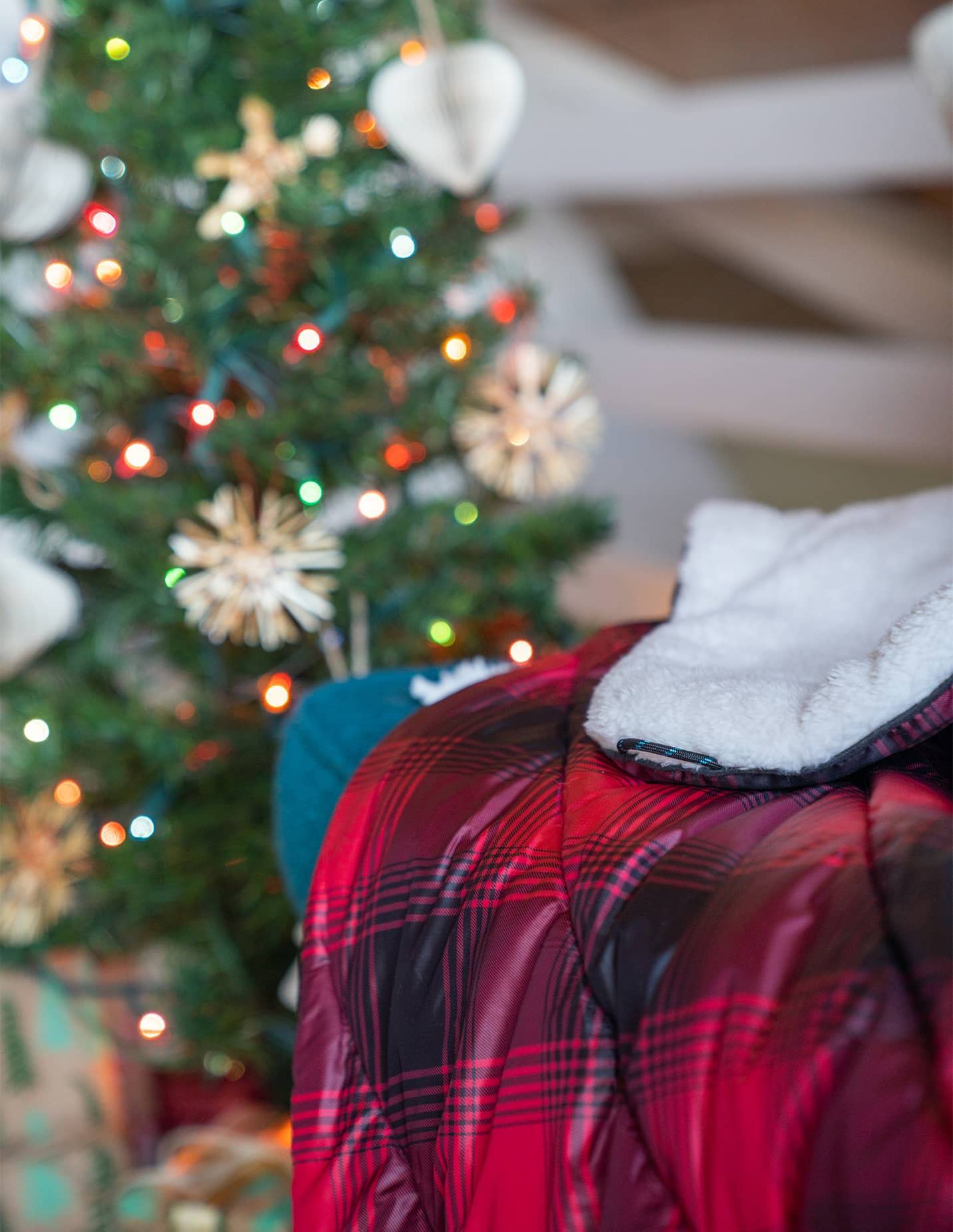 Sherpa Puffy Blanket in front of Christmas tree
