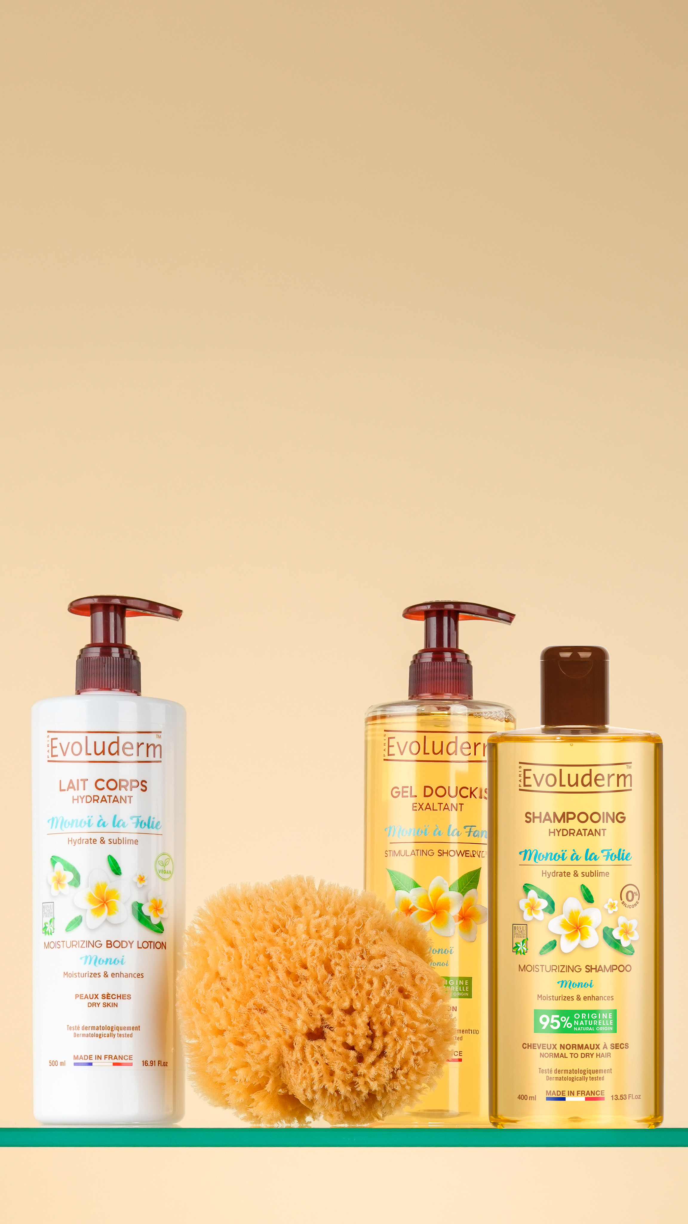 Bottles of shampoo and conditioner with a natural sponge on a gradient background.