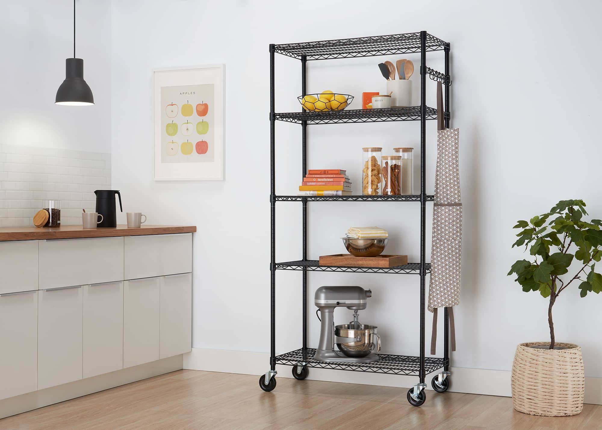 black wire shelving rack for kitchen use