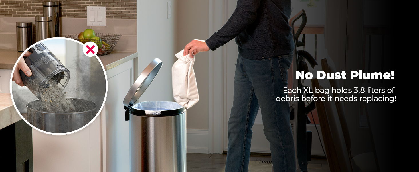 A person disposing of waste into a modern trash can in a kitchen setting.