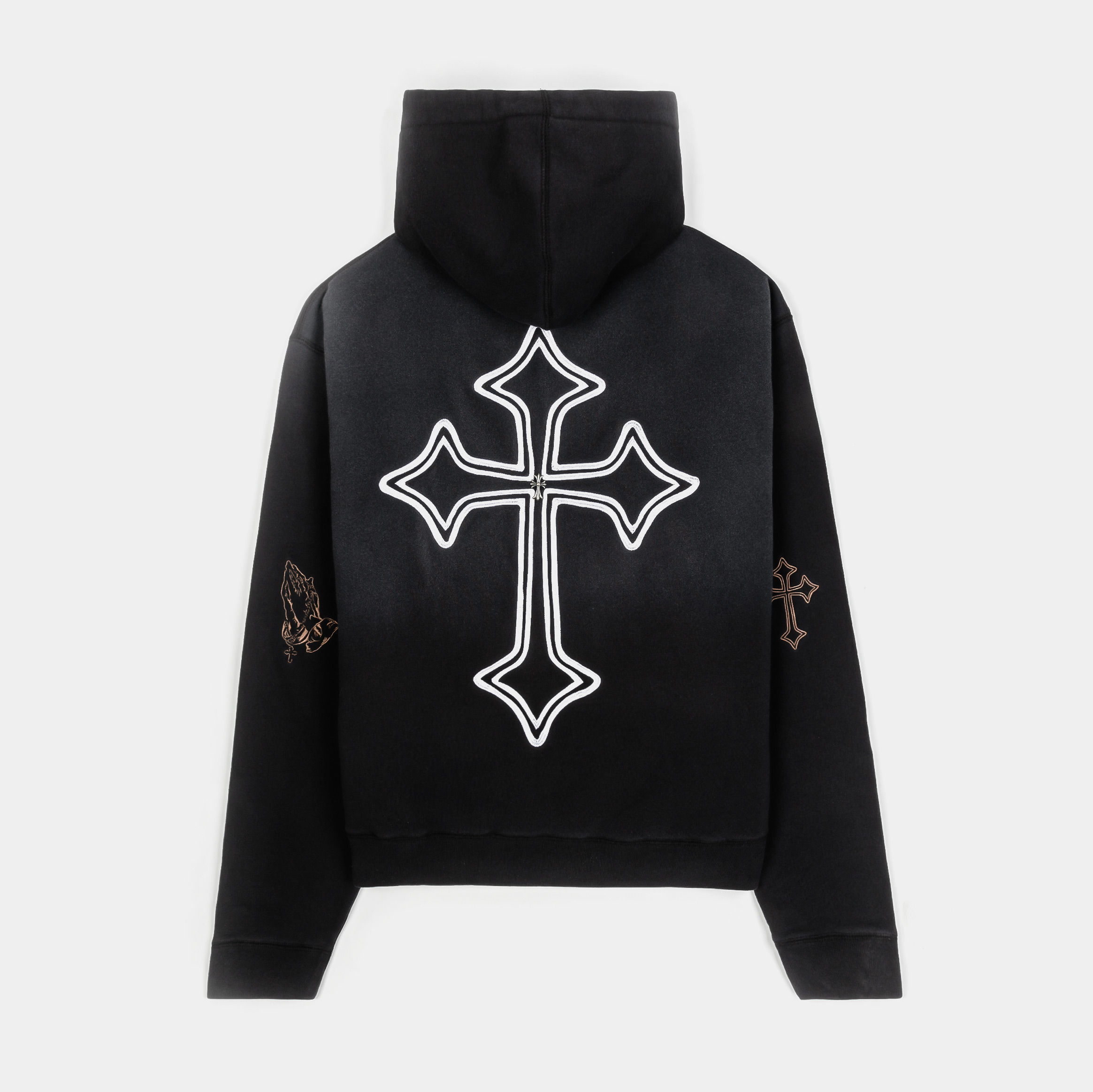 Black hoodie with graphic prints and embellishments on the front.