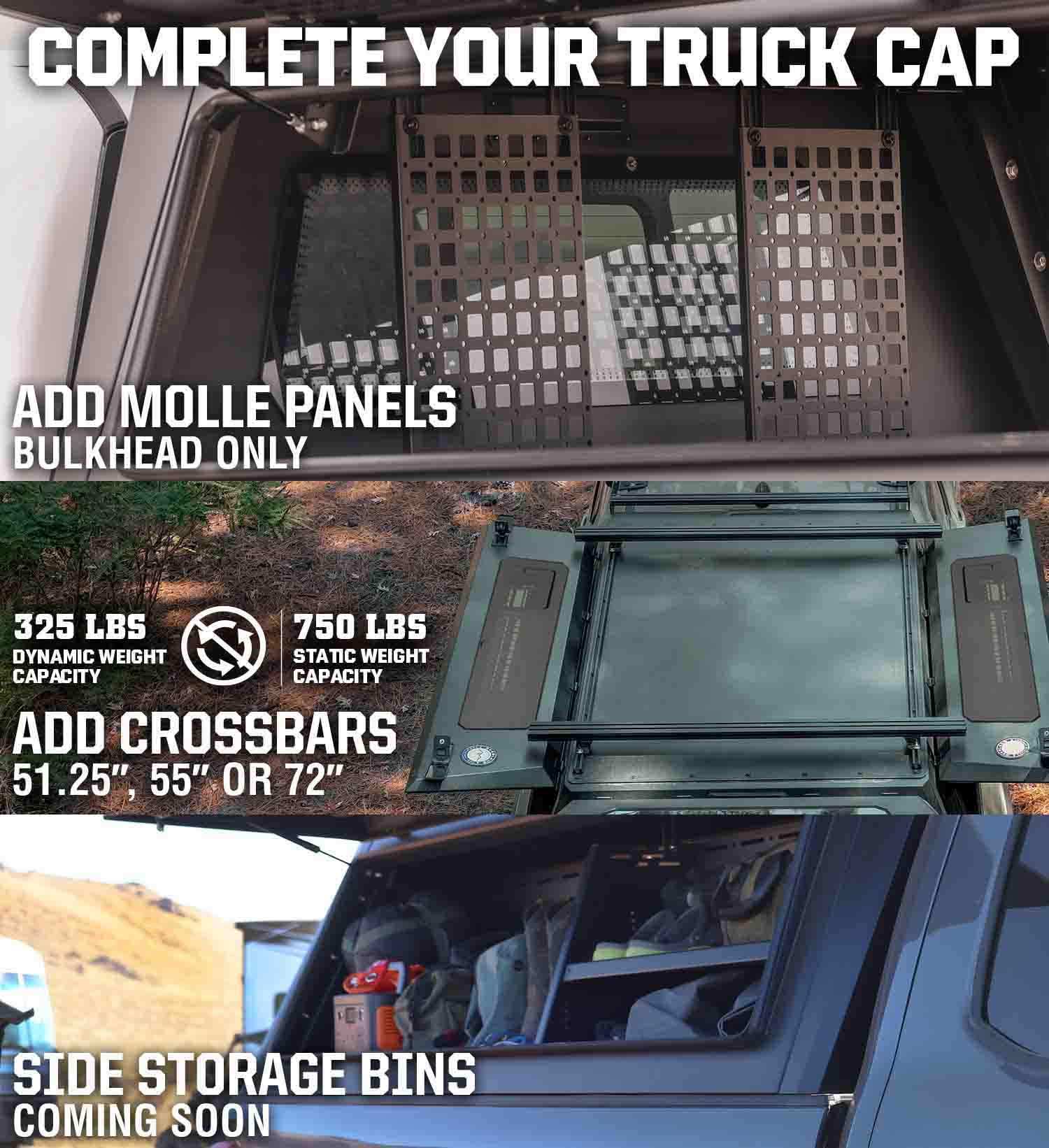 Truck cap accessories: Molle panels, crossbars, and side storage bins.