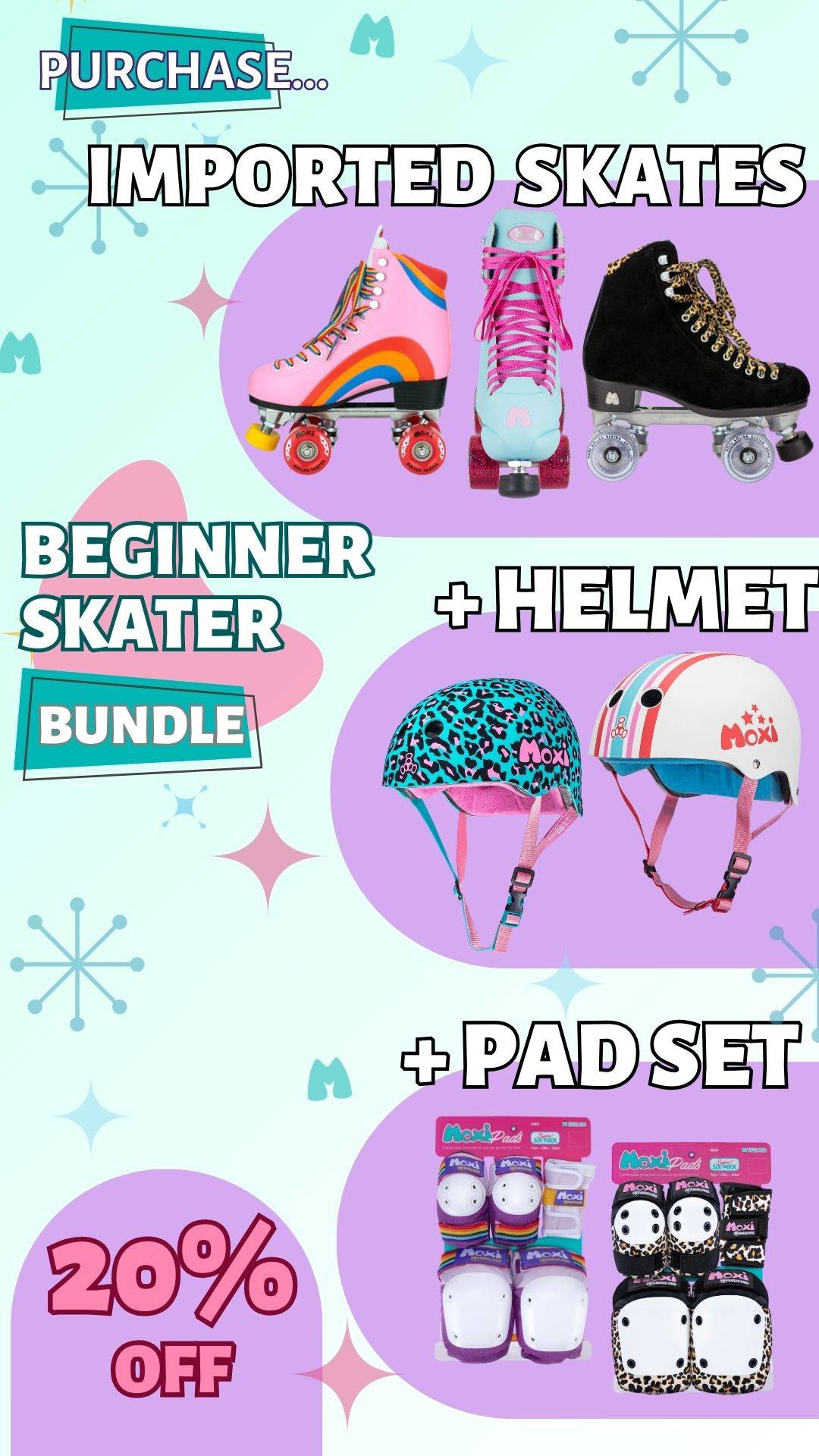 Beginner Skater Bundle. purchase imported skates with a helmet and pads and get 15% off