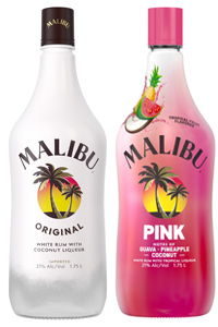Two bottles of Malibu rum: Original and Pink flavors.
