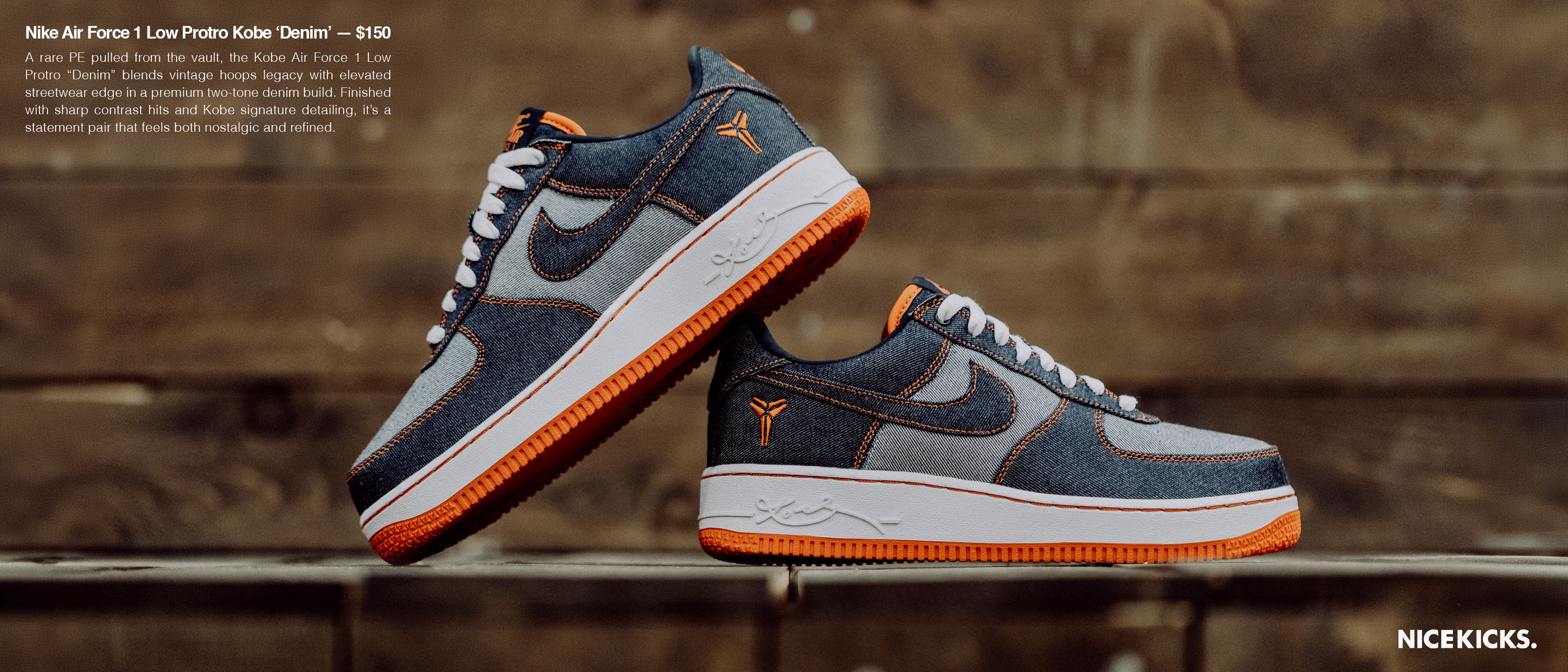 Nike Air Force 1 sneakers in gray and orange on a wooden background.