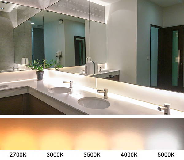 commercial restroom with mirror lighting using LED strip lights