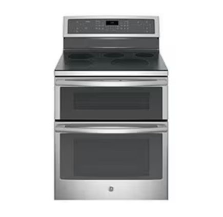 Stainless steel double oven range with digital controls and smooth cooktop.