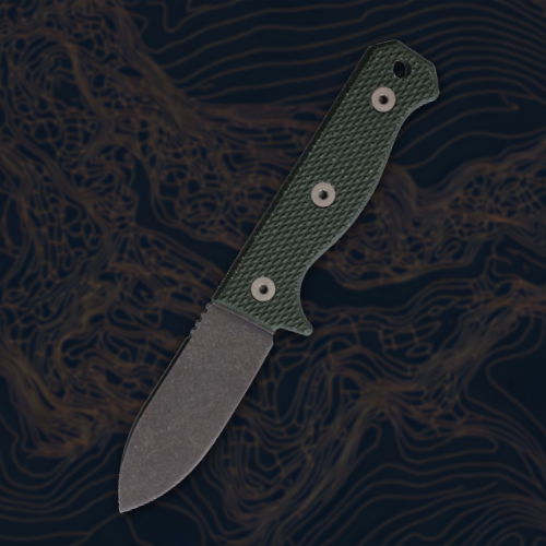 A knife with a green handle on a dark background.