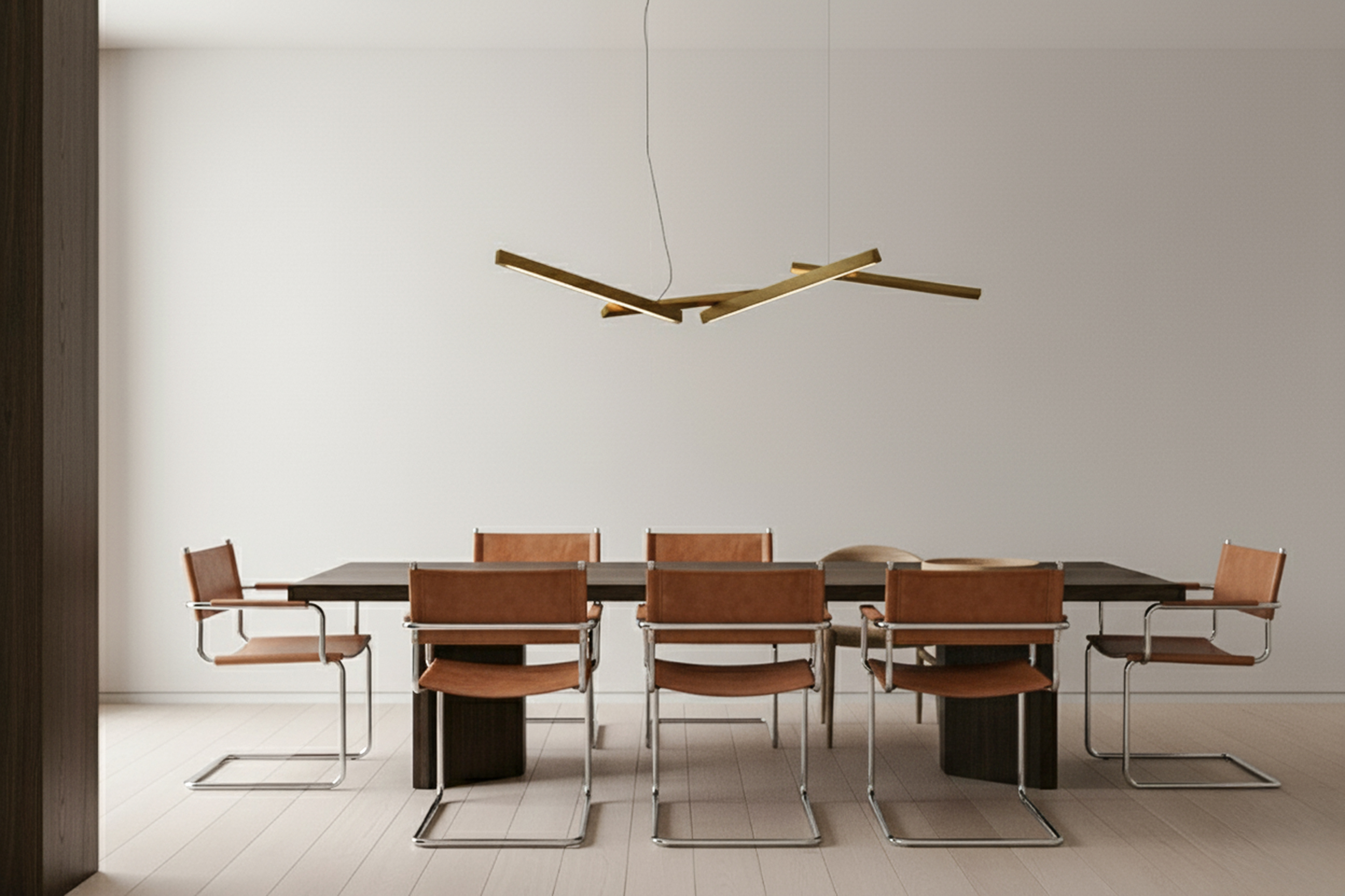 Modern dining room with unique brass lighting fixture.