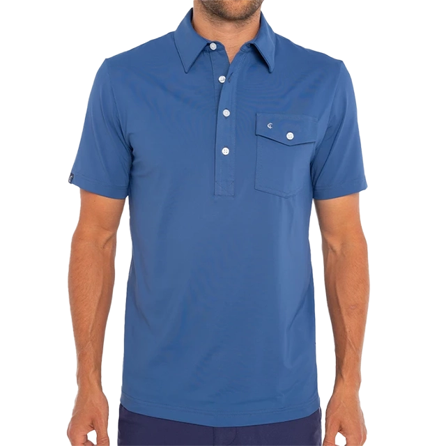 Man wearing a blue short-sleeve polo shirt with a front pocket.